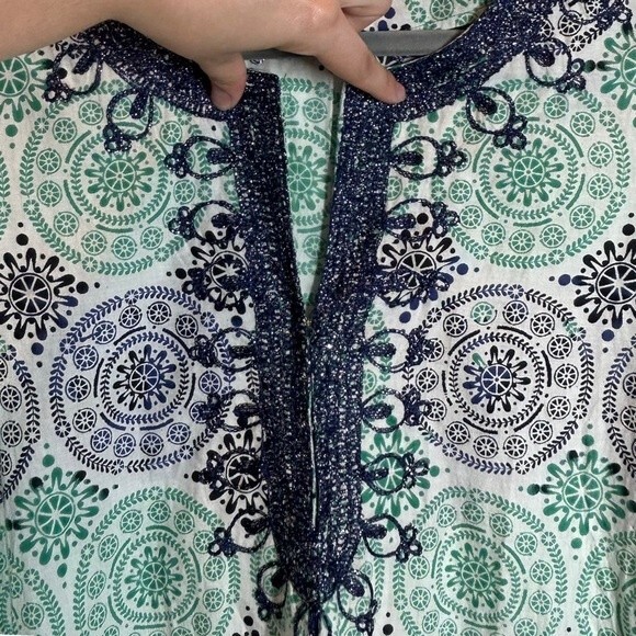 Calypso St Barth Embroidered Tunic Top Blouse 3/4 Sleeve Geometric Print Navy S - Picture 4 of 7